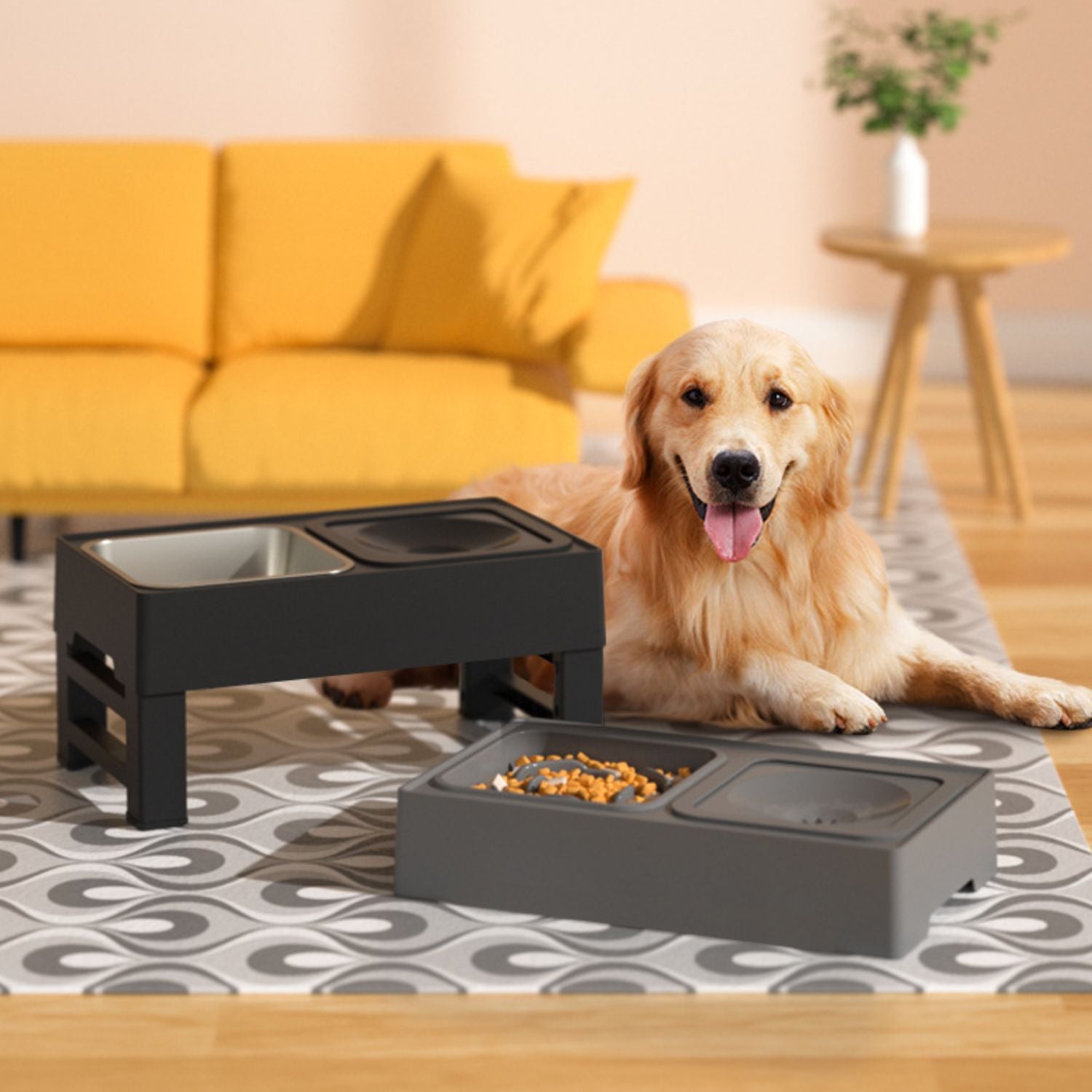 rvs huisdierenbak met gouden retriever